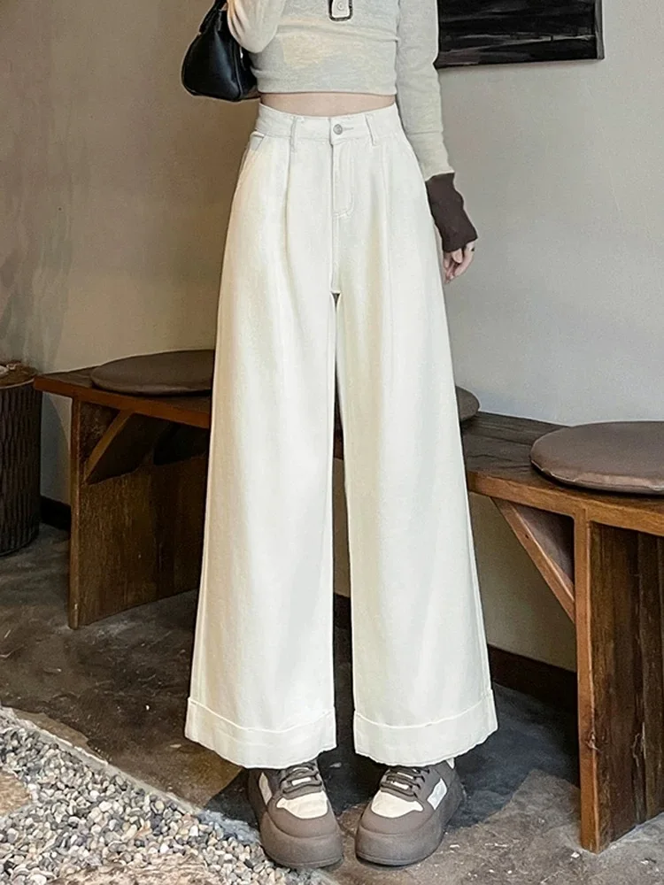 

Американские широкие джинсы, женские свободные брюки с высокой талией для похудения, девять дюймов, прямые брюки, весенне-осенние миниатюрные брюки