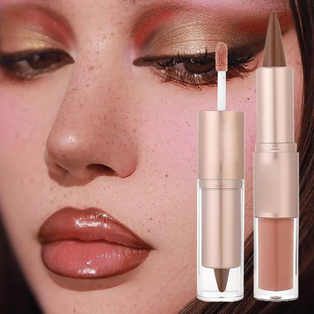 ลิปสติกและลิปกลอส 2 in 1 สีนู้ดบราวน์ กลิตเตอร์ ชิมเมอร์ ดีไซน์เพชร สำหรับผู้หญิง ติดทนนาน พร้อมดินสอเขียนขอบปากในตัว