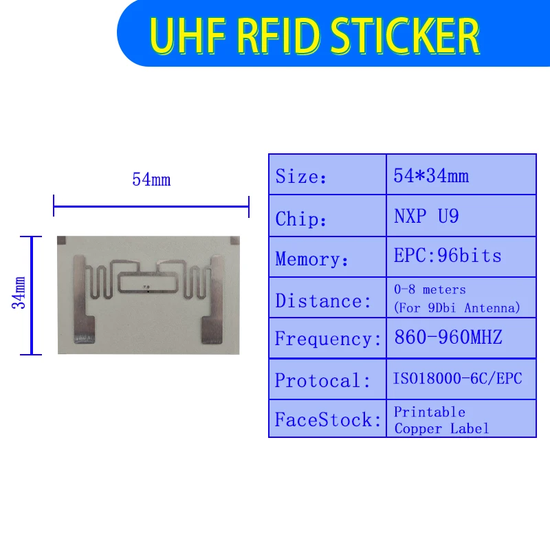 UHF RFID tag printable sticker NXP U9 54*34mm 915mhz 900 868mhz 860-960MHZ EPCC1G2 6C smart adhesive passive RFID tags copper la