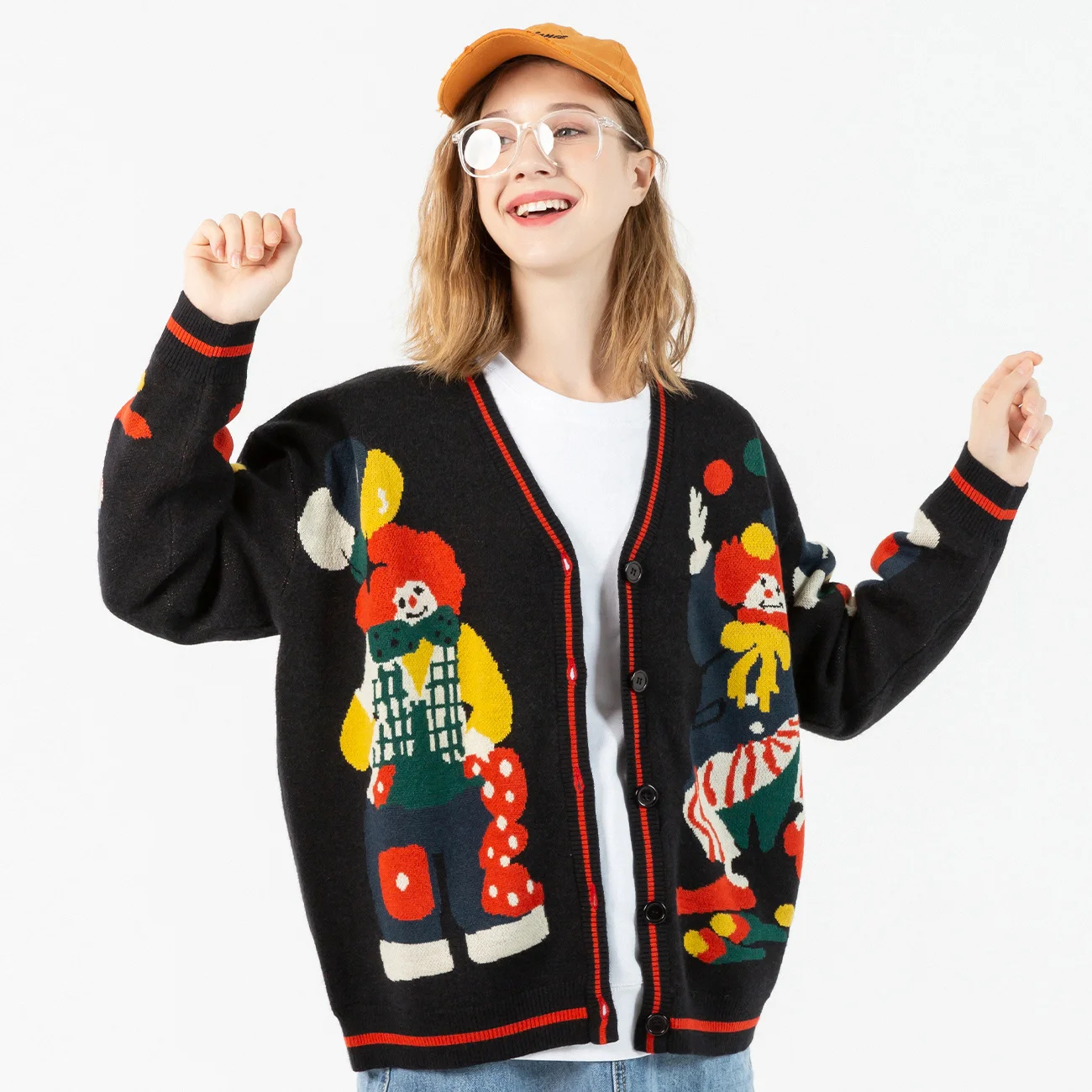 

Funny 2022 Clown Print Knitted Cardigan Sweater Streetwear Men Women Oversize Hip Hop Cotton Harajuku Coat Unsiex Knit