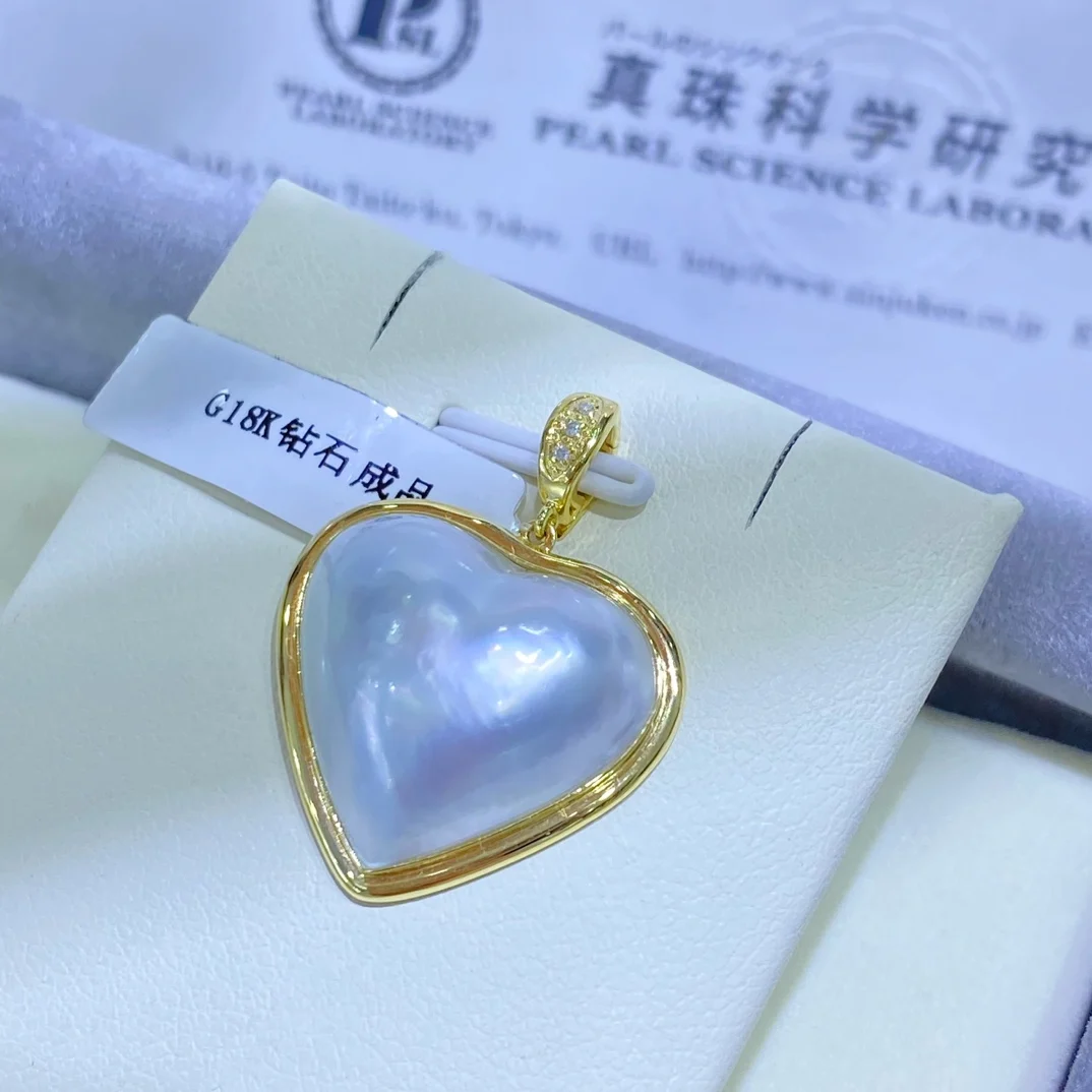 Solid 18K Yellow Gold Japan Origin 17mm Heart Shape Natural Sea Water Blue Mabe Pearls Pendants for Women Fine Jewelry Presents