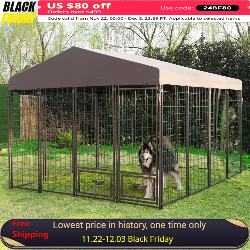 Outside Dog Kennel, Oversized Metal Dog Cage with Upgraded Canopy & Rotate Feeding Doors, Heavy Duty Dog House