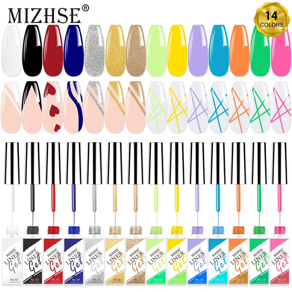 MIZHSE 14PCS Line Nail Art Gel Nail Polish Kit 10ML Nail Art Design For UV/LED Paint Nails Polish DIY Painting Liner Gel Varnish