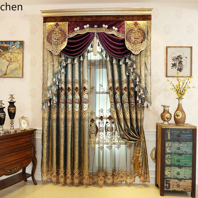 

ZML Curtains Living Room Villa Vintage Embroidered Hollow Curtain Fabric