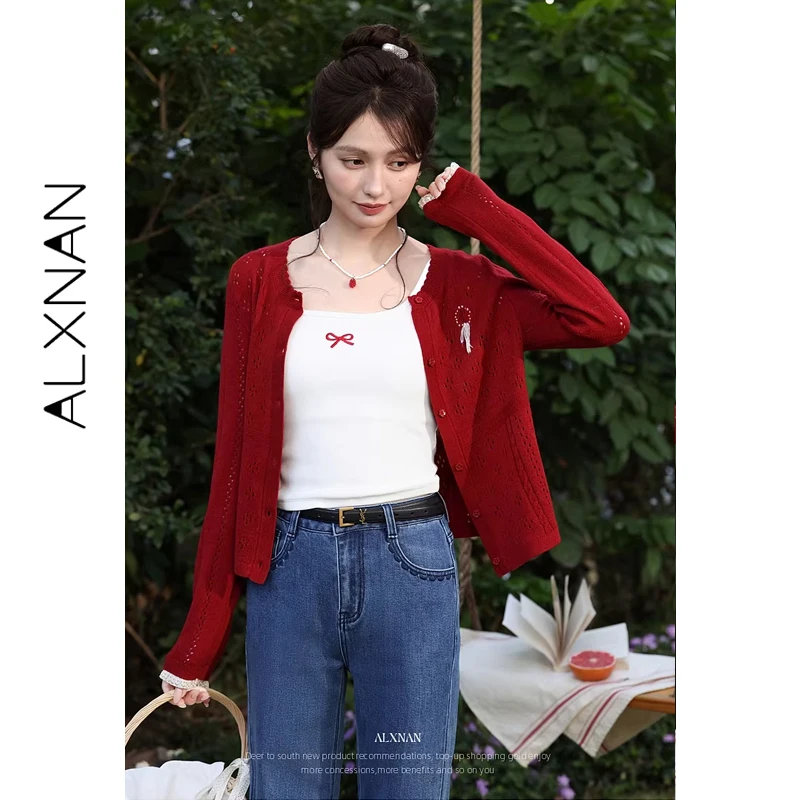 

ALXNAN Vintage Red Knit Cardigan Women Long Sleeve Hollow Out Knitwear 2026 Spring New Casual Fashion Elegant Female Tops L61821