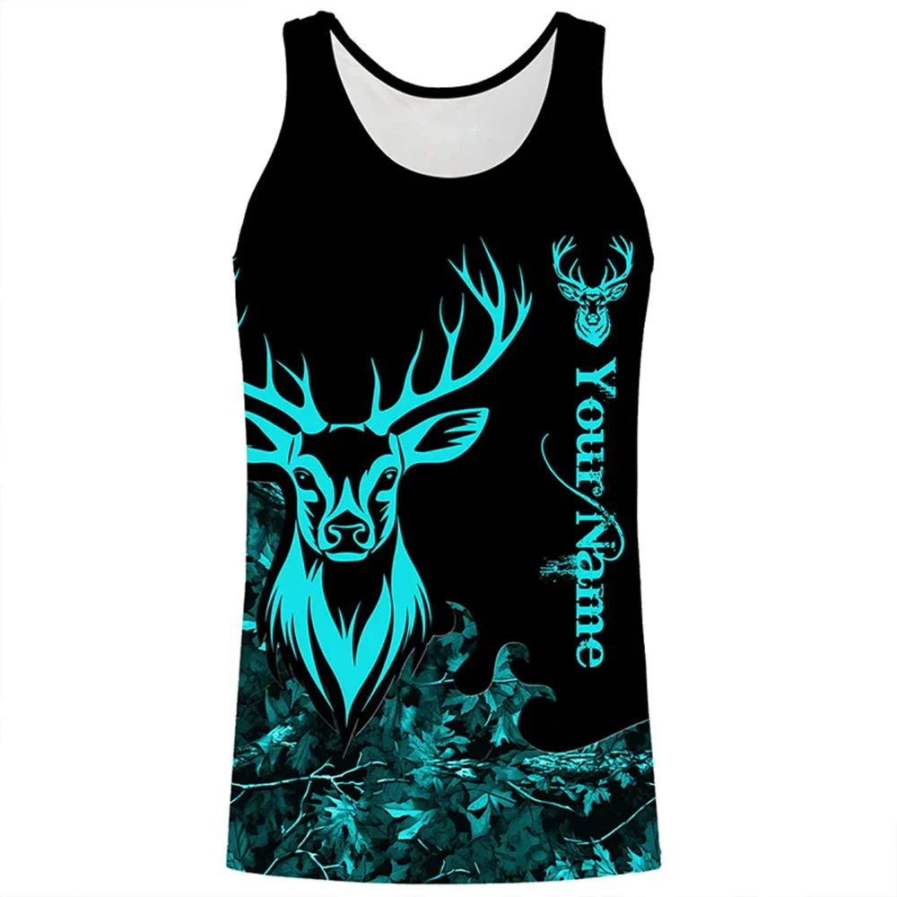 Custom Diy Deer Hunting Tank Top Teal Camo Pattern 3d Print Buck Head Design Personalized Name Sleeveless Shirts For Hunters