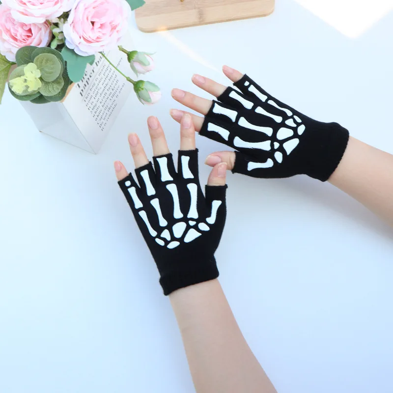 1pcs New  Kids Halloween Skeleton Skull Half Finger Luminous  Fingerless Stretch Knitted Gloves Skull Fingerless Black Mitten