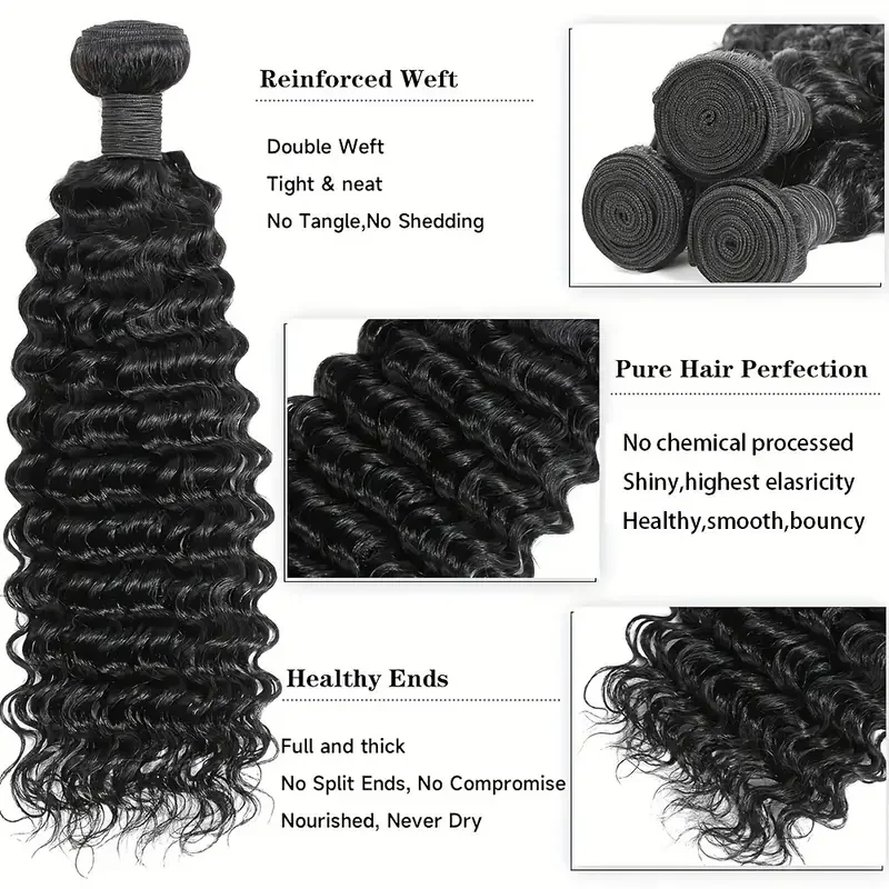 QUANDE-Deep Wave Pacotes de cabelo humano para mulheres, extensões de cor natural, 32 ", 1, 2, 3