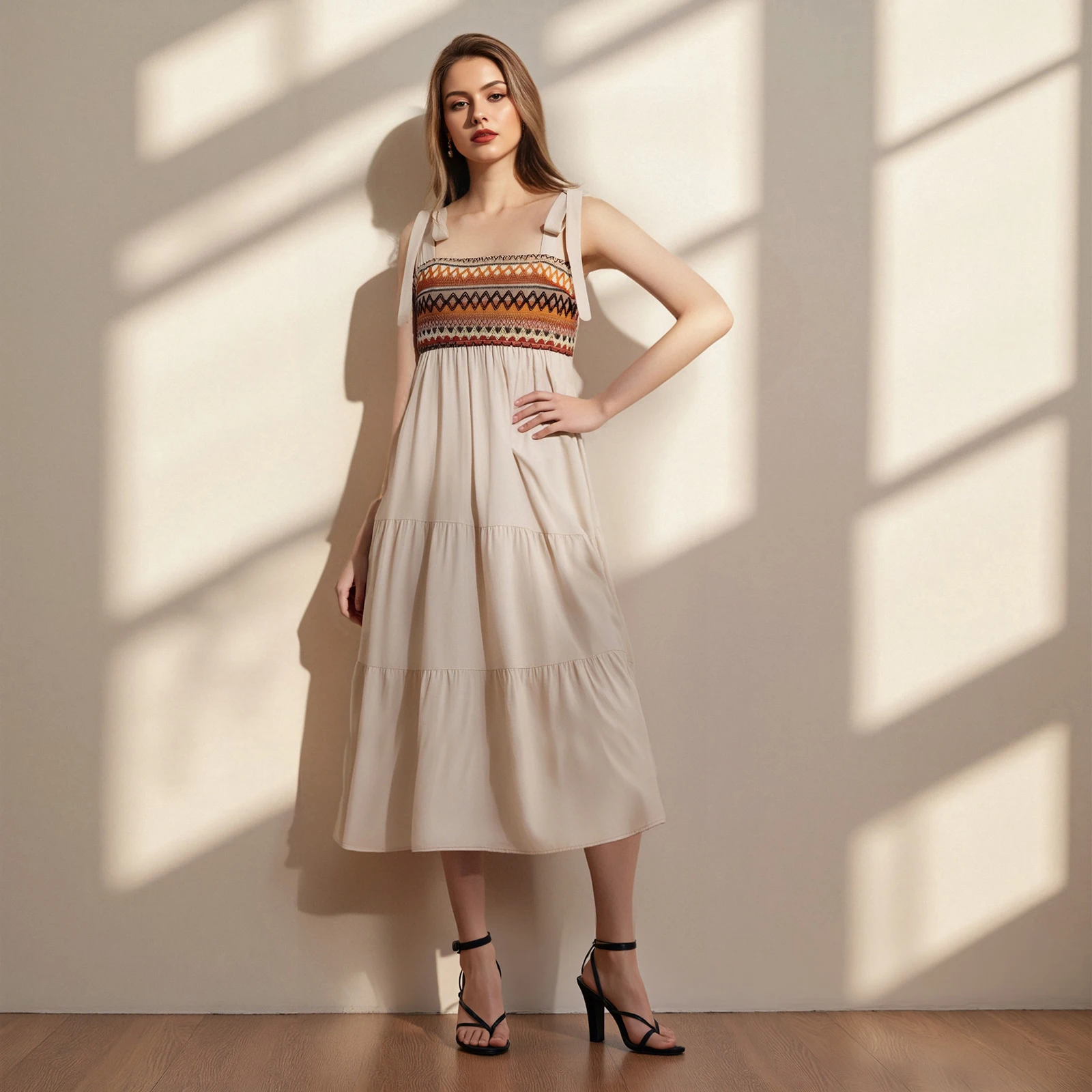 Vestido feminino boho com gravata e ombro, estampa geométrica, pescoço quadrado, sem mangas, costas abertas, linha A, vestido midi com babados em camadas