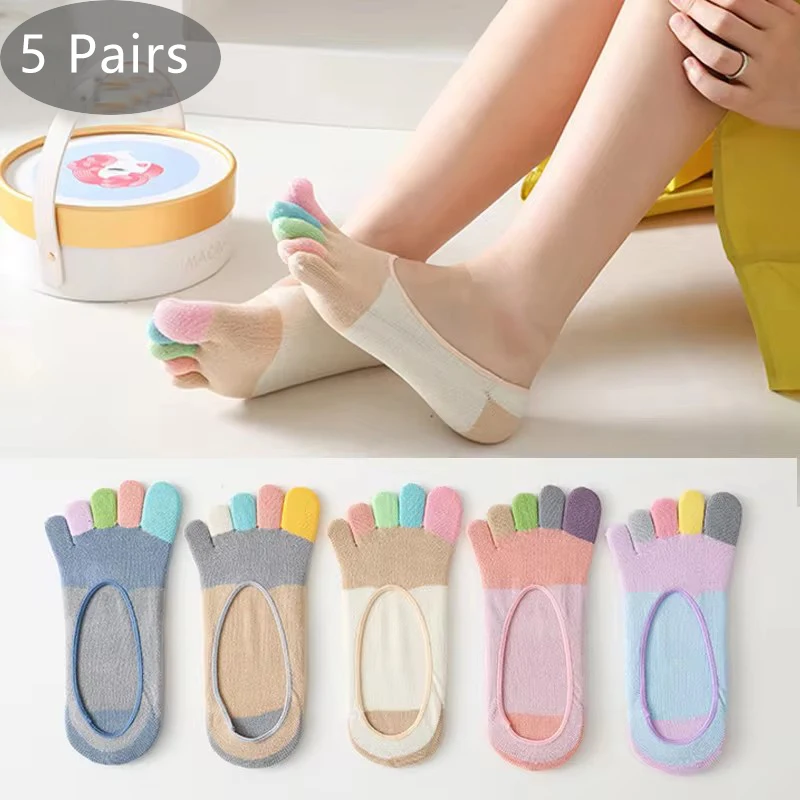 

5 Pairs Invisible Toe Socks Women Girl Combed Cotton Big Striped Shallow Mouth Non-Slip Young Fashion 5 Finger Cool Socks Summer