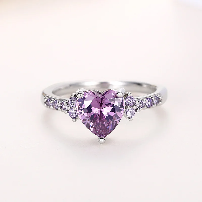 Huitan Lila Herz-Zirkonia-Ringe für Frauen, einzigartige Hochzeit, Verlobung, Accessoires, ausgefallene Dame, Geschenk, romantischer, trendiger Schmuck – Detail 9