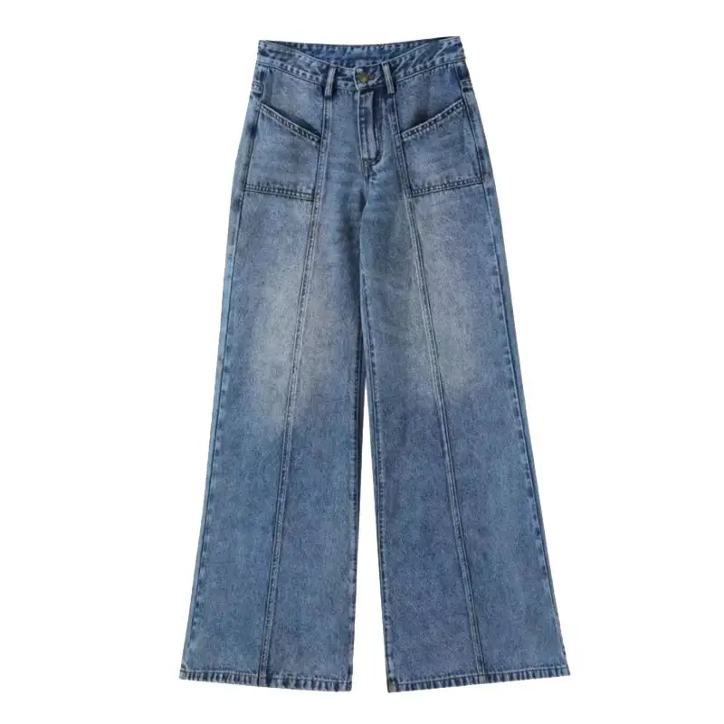 Jeans de pernas largas emendados para mulheres, calças jeans retrô, cintura alta, casual, cor de contraste, vintage e casual, para ficar velho