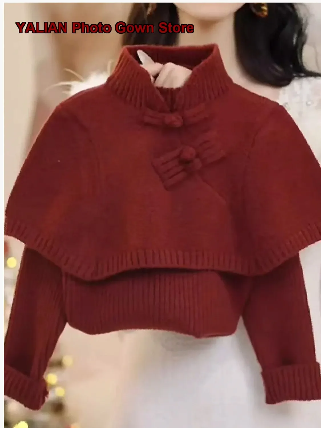 Girls Traditional Chinese Knot Button Cloak Autumn Winter Turtleneck Shawl Knit Top for New Year Visit High Neck