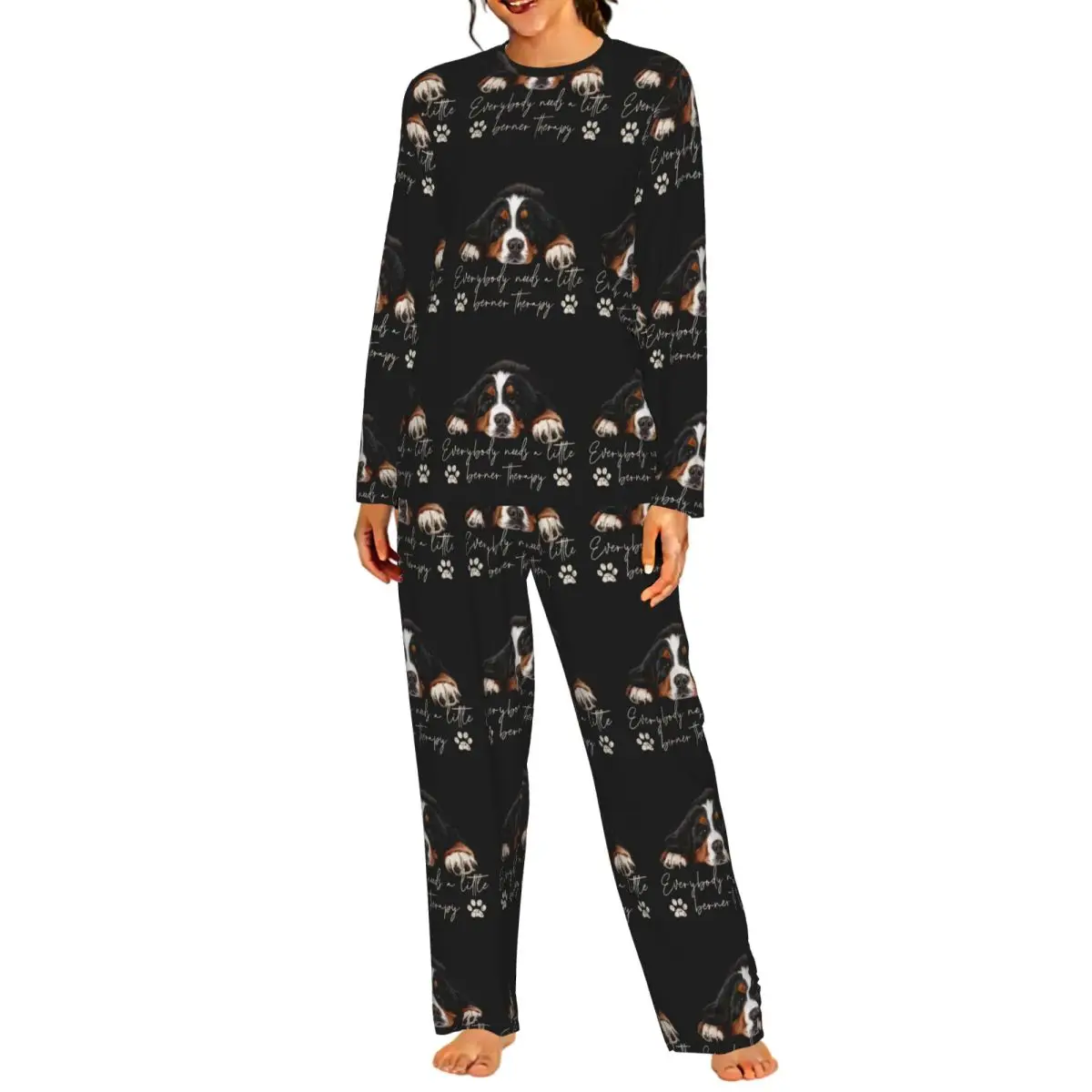 Bernese Mountain Dog Round Neck Long Sleeves Nightdress for Sleeping Sleepshirts Women Loose Pajama Set Long Pants