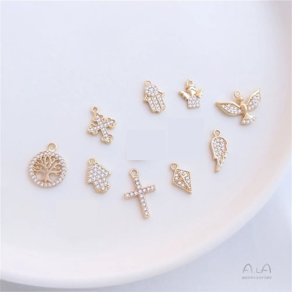 

Micro-set zirconia small charm series 14K clad gold angel eyes palm cross wings jewelry pendant