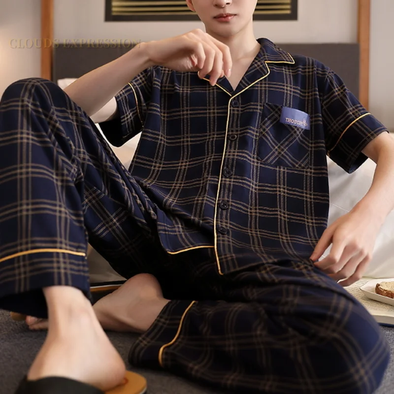 Summer Knitted Plaid Cool Men\'s Pyjamas Plus 5XL Pajama Sets Casual Pjs Lounge Masculine Sleepwear Nightwear Pijamas Homewear