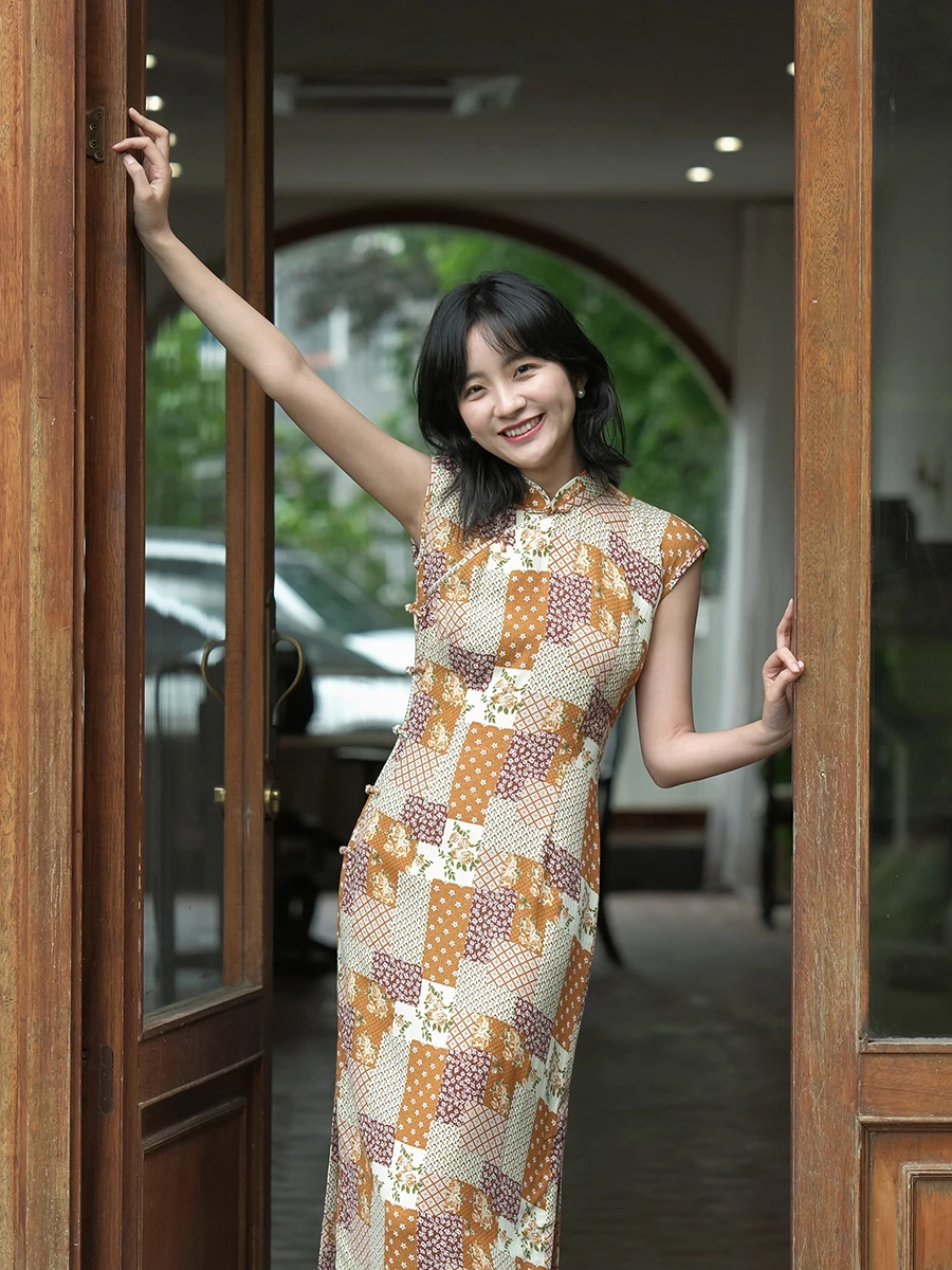 

Momei Summer Hong Kong Sle Cotton Silk Semi-Unbuttoned Long Sve Retro Chinese Costume Low Slit Daily Wear