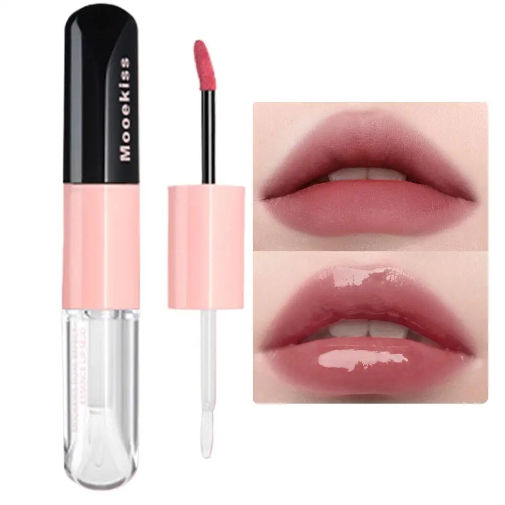 Mooekiss espelho de brilho labial de duas cabeças, hidratante, cabeça de escova de longa duração, copo antiaderente, formador de filme, batom labial