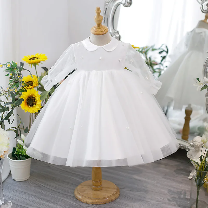 Fashion Baby Girl Princess Pearl Dress Puff Sleeve Infant Toddler Child White Vestido Party Birthday Frocks Baby Clothes 12M-14Y