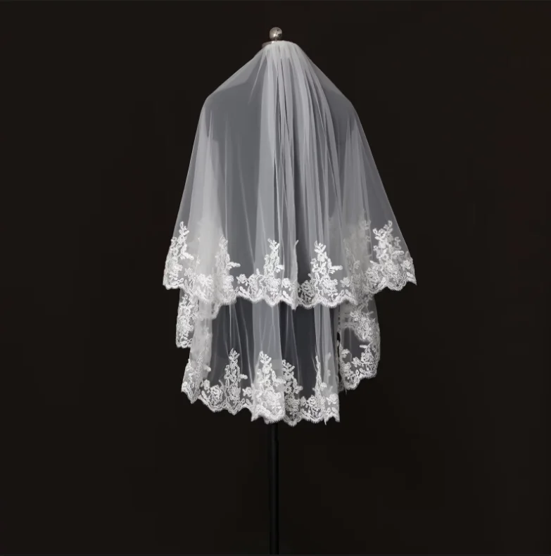 Ivory White 2 Tier Fingertip Wedding Veil with Comb & Blusher - Lace Edge Soft Tulle Bridal Veil for Ceremony Photo Shoot