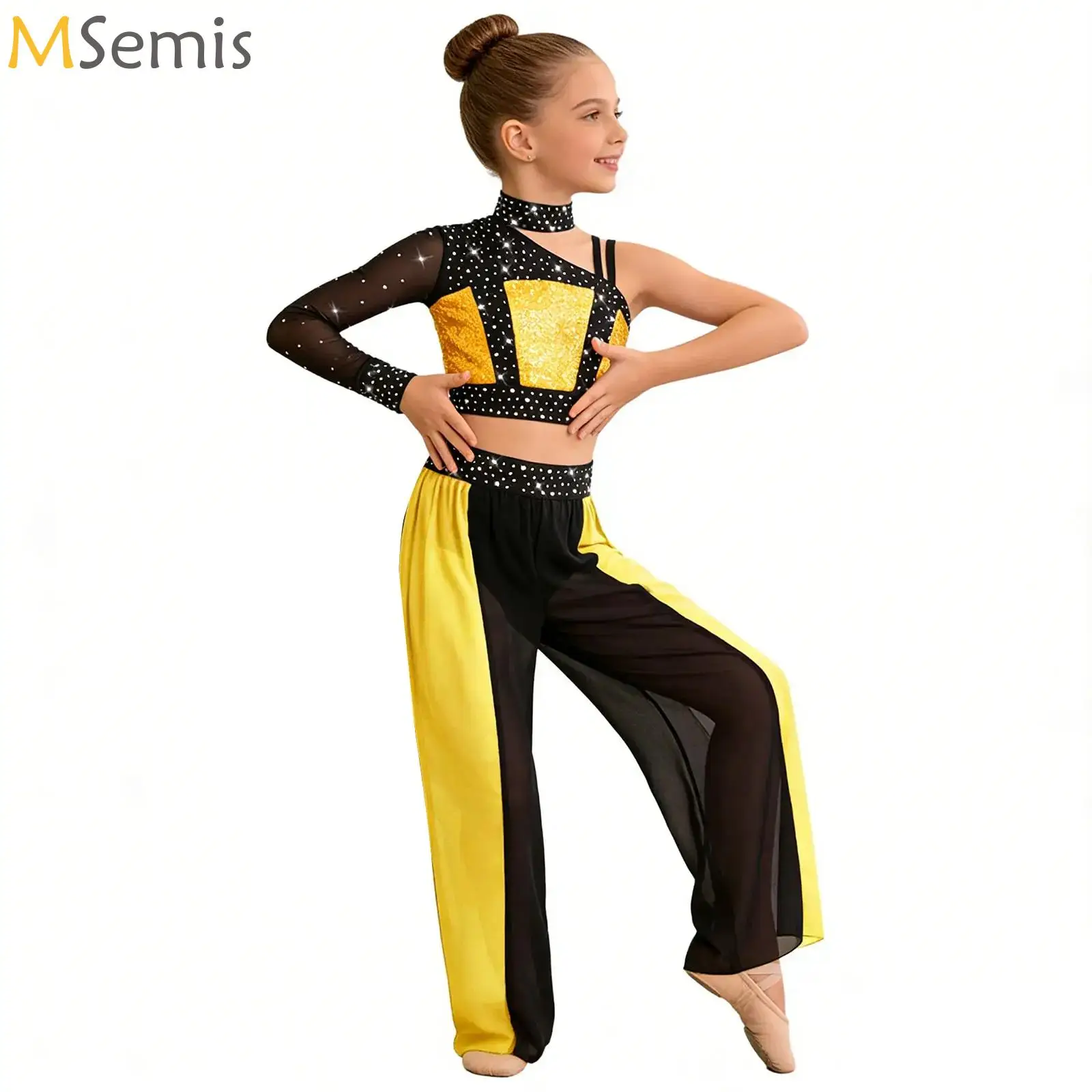 

Girls Color Block Lyrical Dance Outfit Kids Asymmetrical Mesh Long Sleeve Shiny Crop Top with Split Flowy Chiffon Pants Set