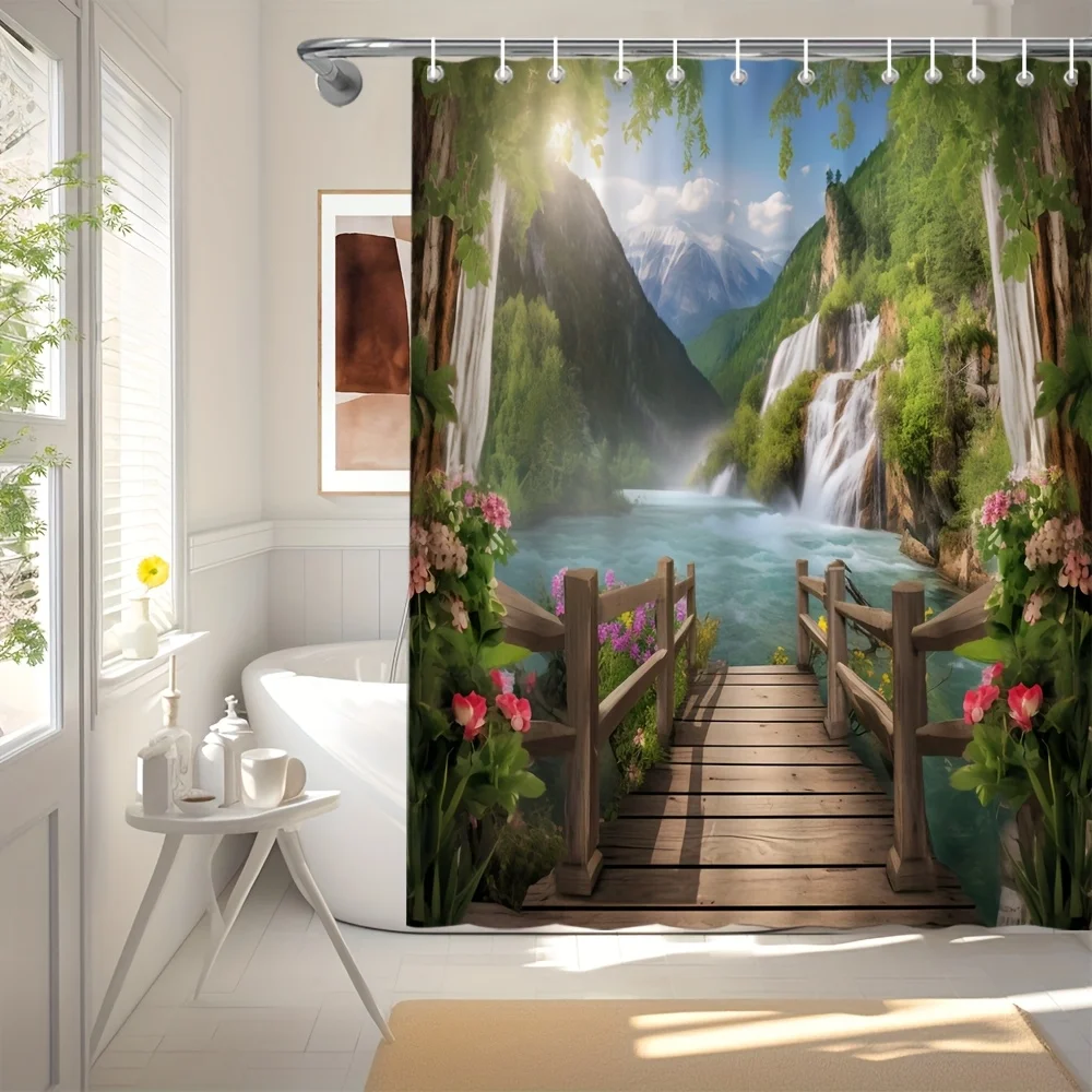 Scenic Waterfall Waterproof Shower Curtain: Idyllic Landscape Design, Adds Nature's Beauty to Your Bathroom Decor