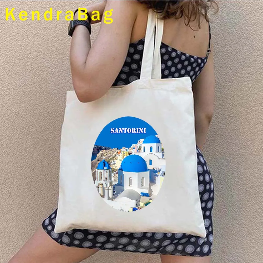 Love Heart Santorini Island Grecia Canvas Cotton Totes Bag Greco Evil Eye Hamsa Hand White Paradise Travel Gift Shopper Borse