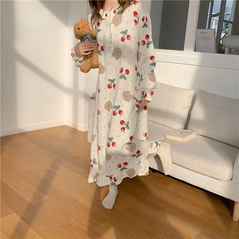 Cotton Robe Long Sleeve Nightgown with Bra Pads Women Sleepwear Loungewear Kawaii Clothes Print Loose Soft Kimono Nightgown