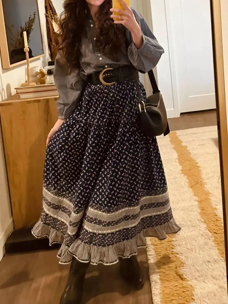 

Floral Print Women Blue Long Jupe Embroidery Patchwork High Waist A-Line Vintage Ladies Cotton Skirt