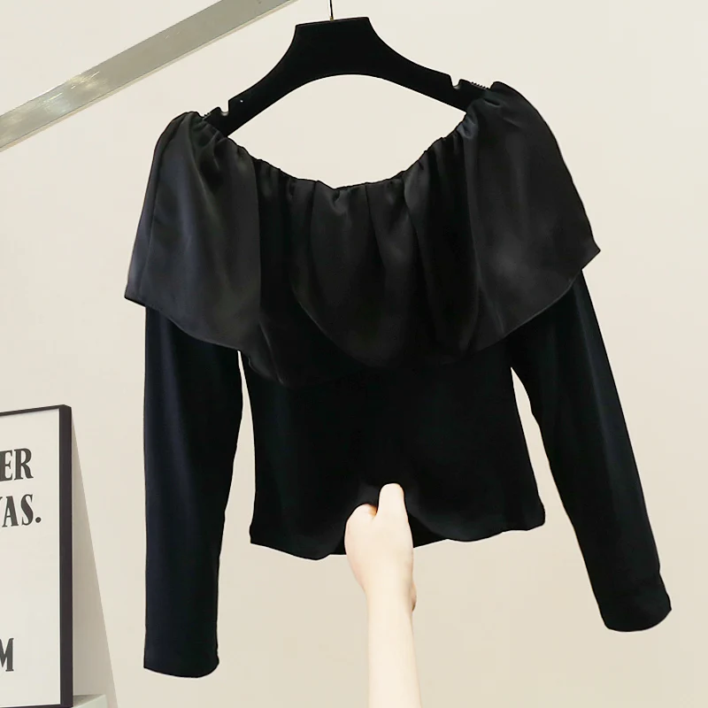 

Bla Faion Heavy Work One oulder Ruffle Sve Women's Sweet oulder Exposure Design Fce Lined Versatile Slimming Top