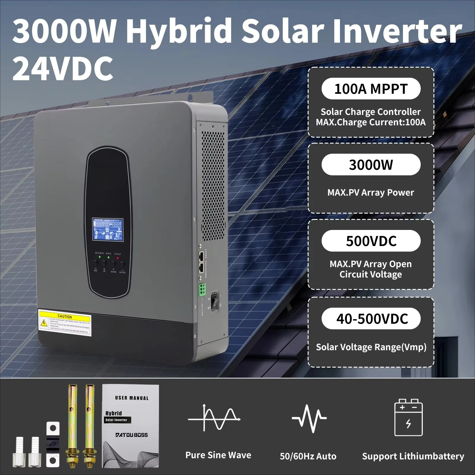 

EU Stock Overseas Output On/off Grid Solar Inverter 24V 220V 3KW with MPPT Input Solar Charging Controller Hybrid Inverter
