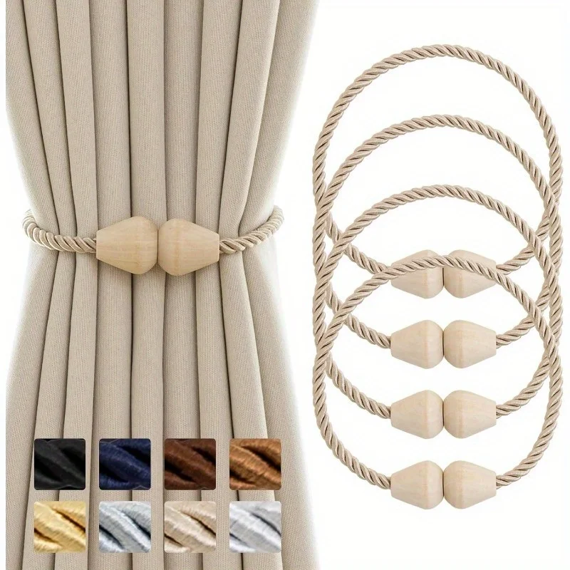 1/2/4pcs Magnetic Curtain Tiebacks Wooden Bead Curtain Rope Holdbacks Multicolor Curtain Buckle Accessory Home Decor