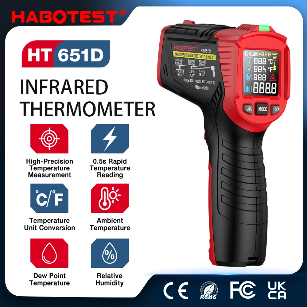 HABOTEST HT651D Infrared Thermometer Laser Temperature Meter -50-800℃ Non-contact Industrial Infrared Laser Temperature Meter