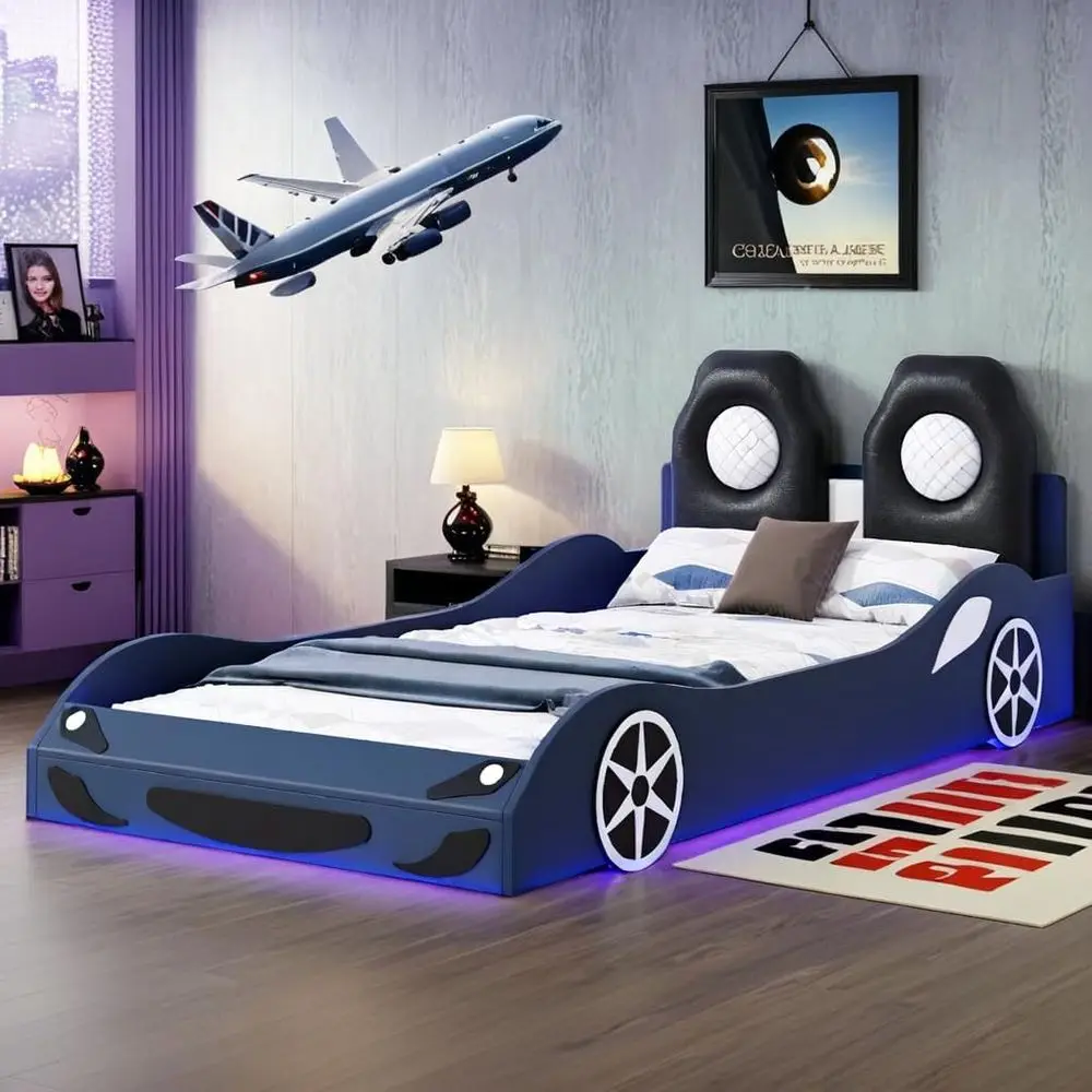 

Blue Twin Size Race Car Platform Bed with Wheels, LED Lights, Upholstered Backrest, and Guardrails - No Box Spring Needed
