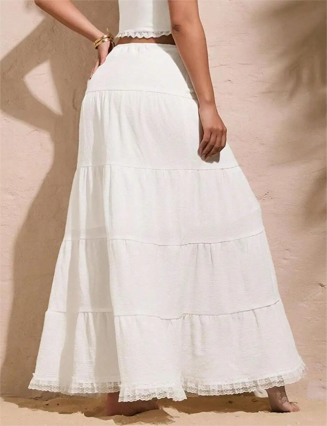 Women's White Drawstring Layered Cake Half-length Skirt High-waisted Loose And Fluffy with Breathable Texture Lace Hemline Bohem