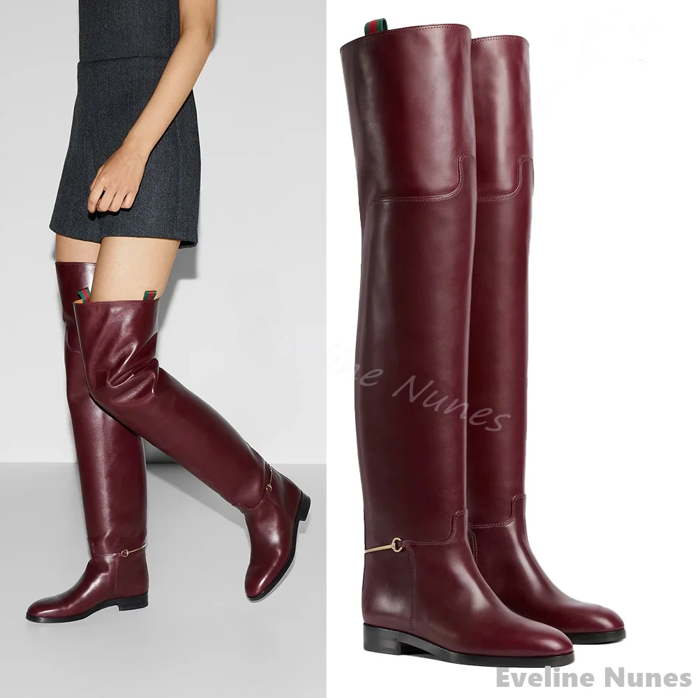 

Claret Metal Decoration Over The Knee Boots Women Round Toe Chunky Heel Slip On Long Boots 2025 Spring New Fashion Designer Boot