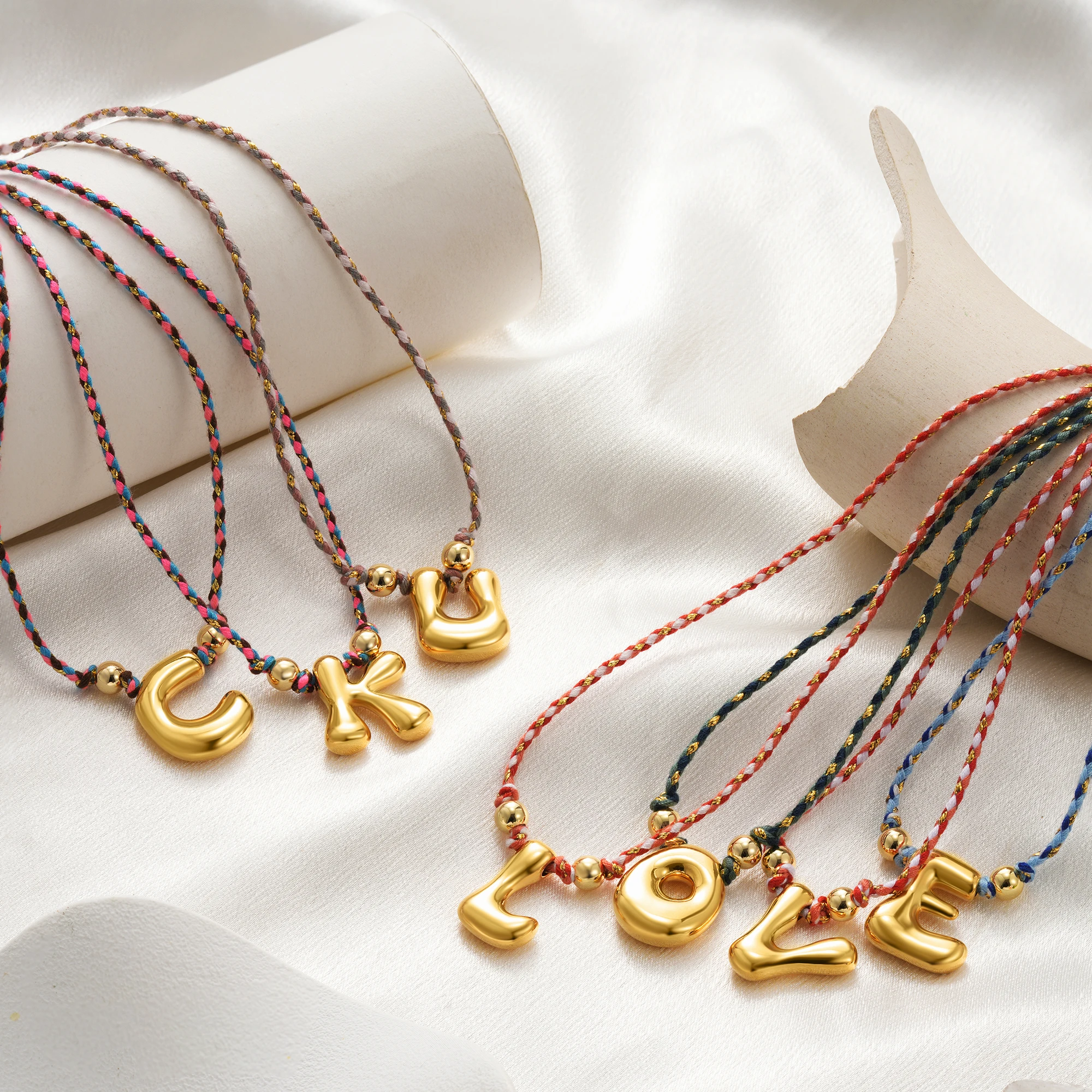 Personalized Initial Letter Necklace Colorful Braided Rope Gold Color Chunky Bubble Alphabet Pendant Adjustable Handmade Jewelry view 6