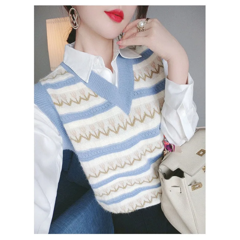 Fake Two Pieces Turn-down Collar Contrast Color Striped Button Long Sleeve Patchwork Sweater Knitted Pullover Women's Tops