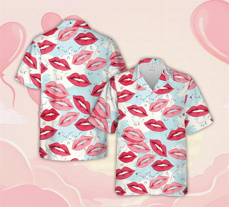 Pink Sweet Heart 3D Print Summer Casual Hawaiian Shirt Men Women Strawberry Red Lips Design Full Pattern Short Sleeve Shirts