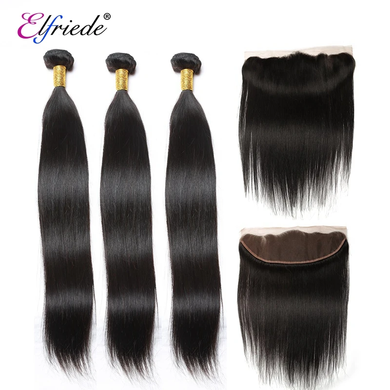 

Elfriede Natural Black Straight Bundles with Frontal Brazilian Remy 100% Human Hair Weaves 3 Bundles with Lace Frontal 13x4