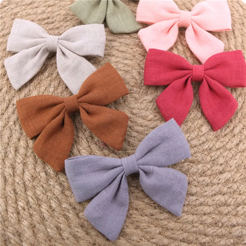 120pc/lot 3.2inch 100% Linen Cotton Hair Bow with Nylon Headband Baby Bow Hairpins Girls Hair Bow Nylon Headbands Kids Barrettes