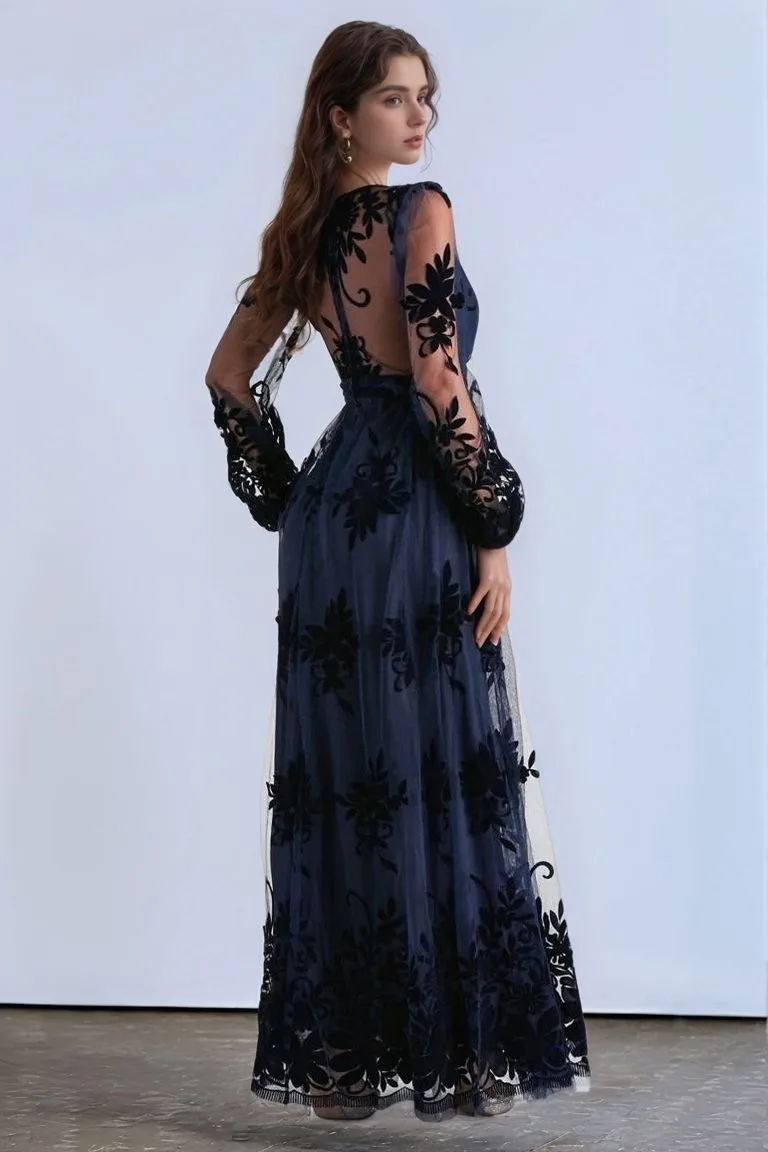 Sexy High-Slit V-Neck Long-Sleeve Mesh Evening Gown Fashionable Celebrity Dress for Graduation Cocktail Party Wedding