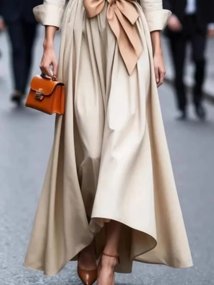 Camisa de Color liso para mujer, vestidos largos con temperamento, solapa elegante, manga larga, un solo pecho, vestido Maxi Leace-up para mujer, novedad de 2025