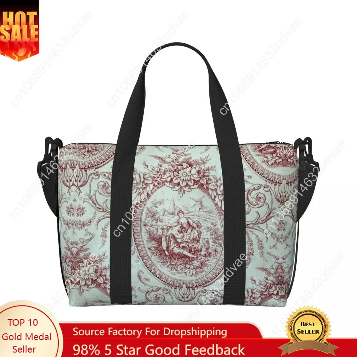 Tas Tote Motif Toile De Jouy Biru Dongker Prancis Kustom, Tas Bahu Wanita Kapasitas Besar, Seni Tradisional, Tas Olahraga, Pantai, dan Perjalanan