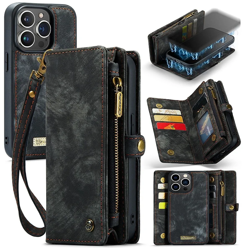 

Wrist Strap Wallet Card Phone Case For iPhone 15 Plus 14 13 12 11 Pro X XS Max XR 6 7 8 Plus SE 2 in 1 Flip Case Phone Cover