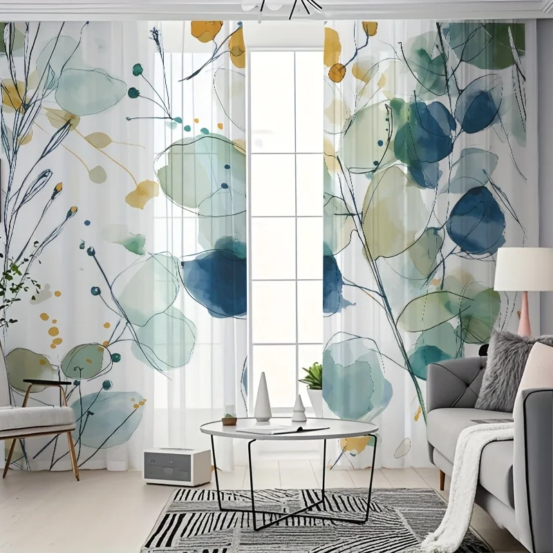 2PCS Sheer Curtains, Multicolor, Abstract Watercolor Leaves and Botanical Pattern, Suitable for Bedroom and Living Room, Rod Poc