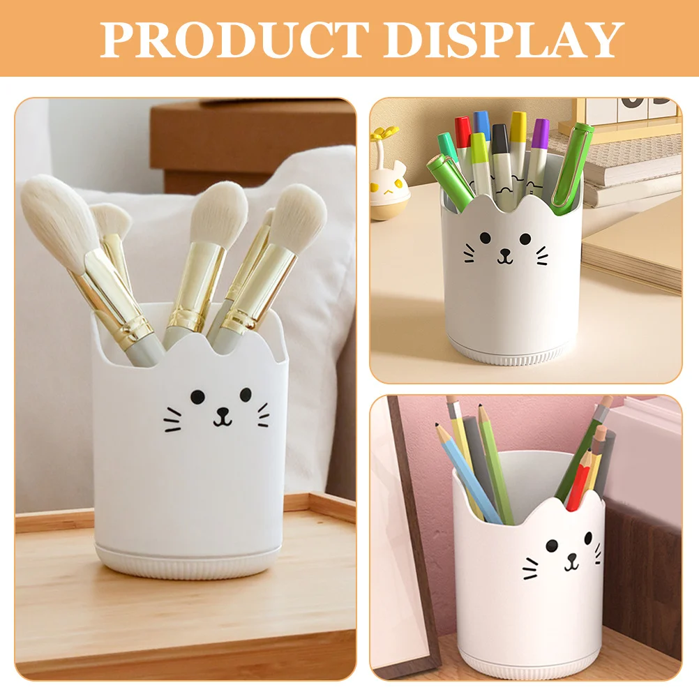

Cat Shape Makeup Brush Organizer Large Capacity Rotating Desk Stationery Pen Holder White Minimalist Desktop Storage