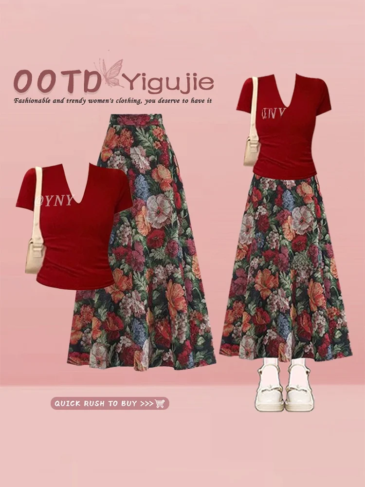 

Retro Countryside Style Summer Red V-Neck Short Sleeve Tight Top with Oil Painting Floral Half Skirt Two-Piece Set for Women