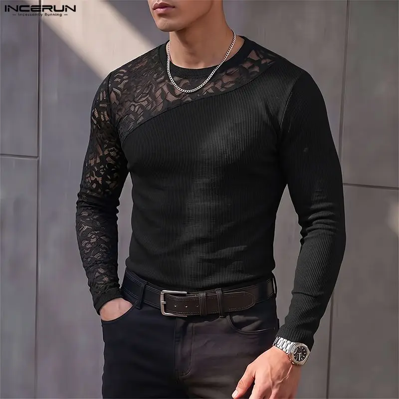 INCERUN Men's T Shirt Lace Knitted Patchwork See Through Long Sleeve Male Tee Tops Streetwear Sexy Stylish Casual Men Clothes