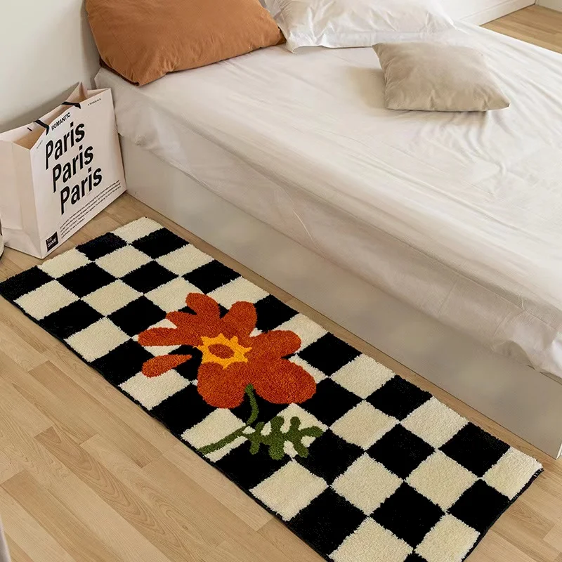 VIKAMA Chessboard Bed Running Carpet Retro Flower Heart Pattern Soft Anti slip Long Carpet Bedroom Corridor Home Decoration
